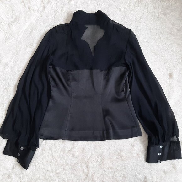 Karen Millen Women's Silk Blend Black Ruffle Neck Long Sleeves Blouse Top US 6 - Picture 3 of 9